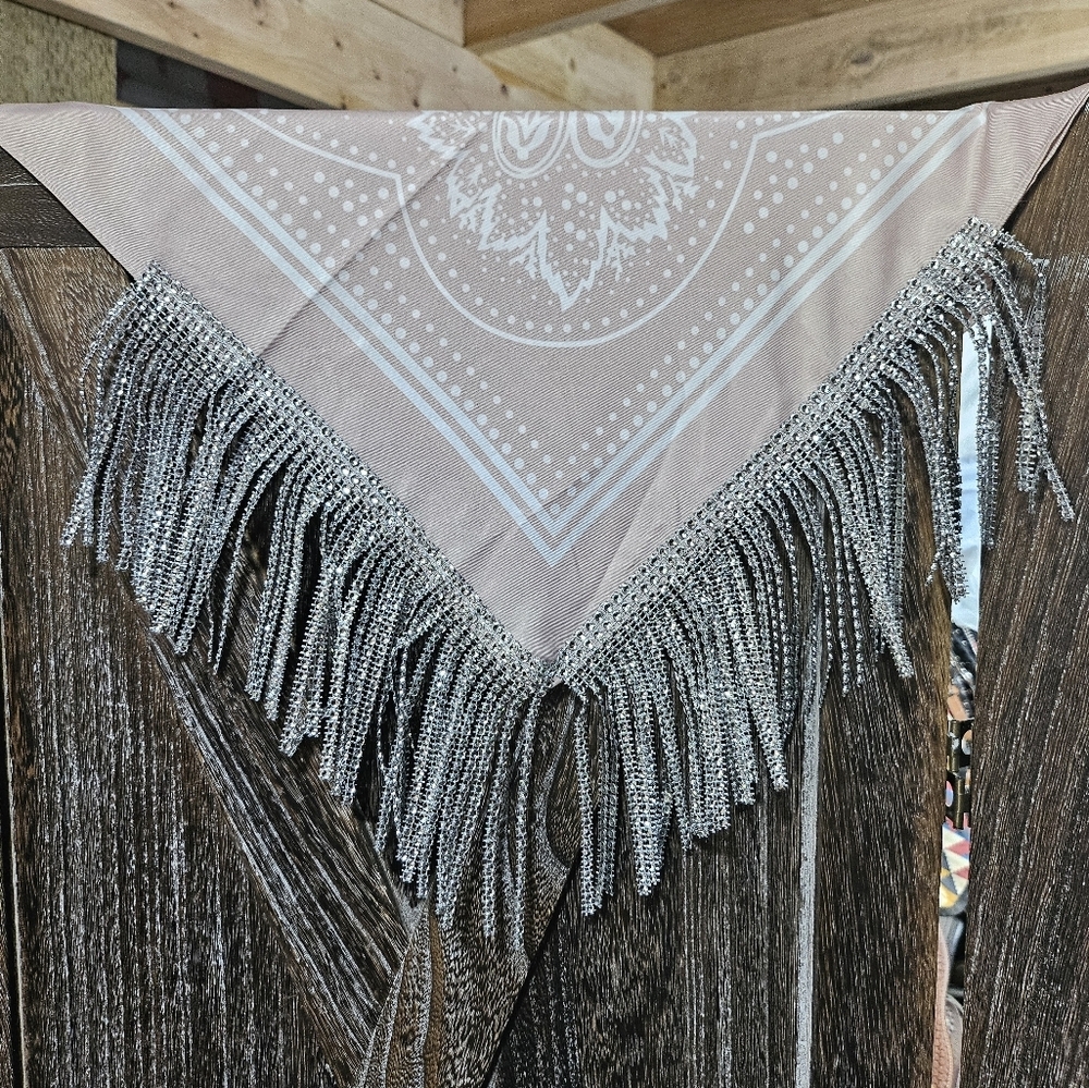 NWT Tan Satin Bandana Wild Rag with Beaded Rhinestone Fringe